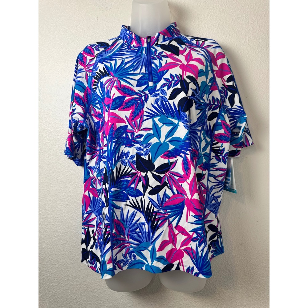 Coolibar Freestyle Rash Guard XL Womens Blue Pink Tropical Sun Shirt 03276 NWT